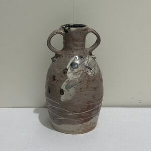 Unique Ceramic Vase with Handles Rustic Earth Tones Decorative Art Pottery